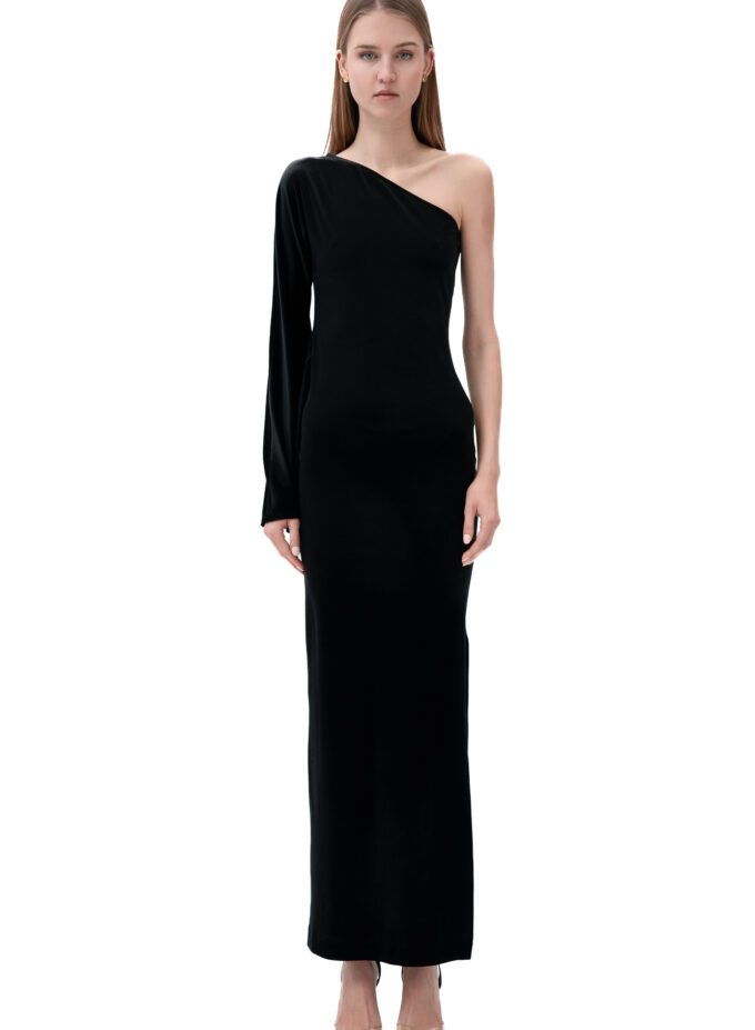 Velvet One-Shoulder Long Dress In Black