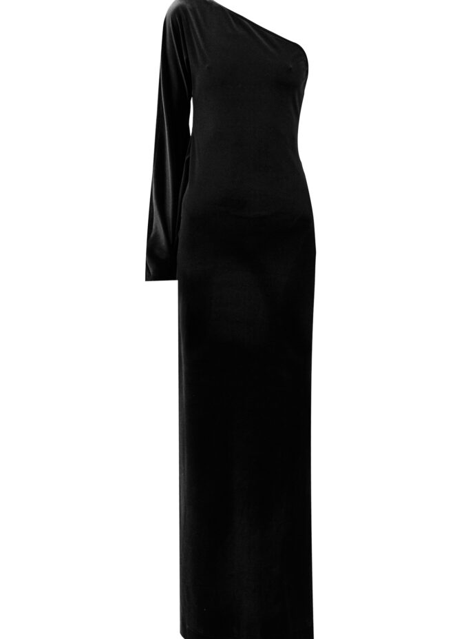 Velvet One-Shoulder Long Dress In Black