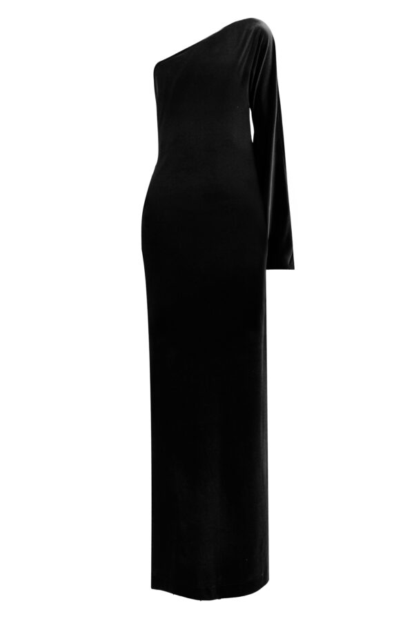 Velvet One-Shoulder Long Dress In Black - Image 4