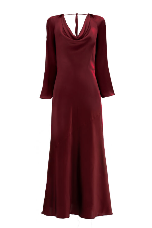 Silk Cowl Neck Long Dress In Maroon - Image 2