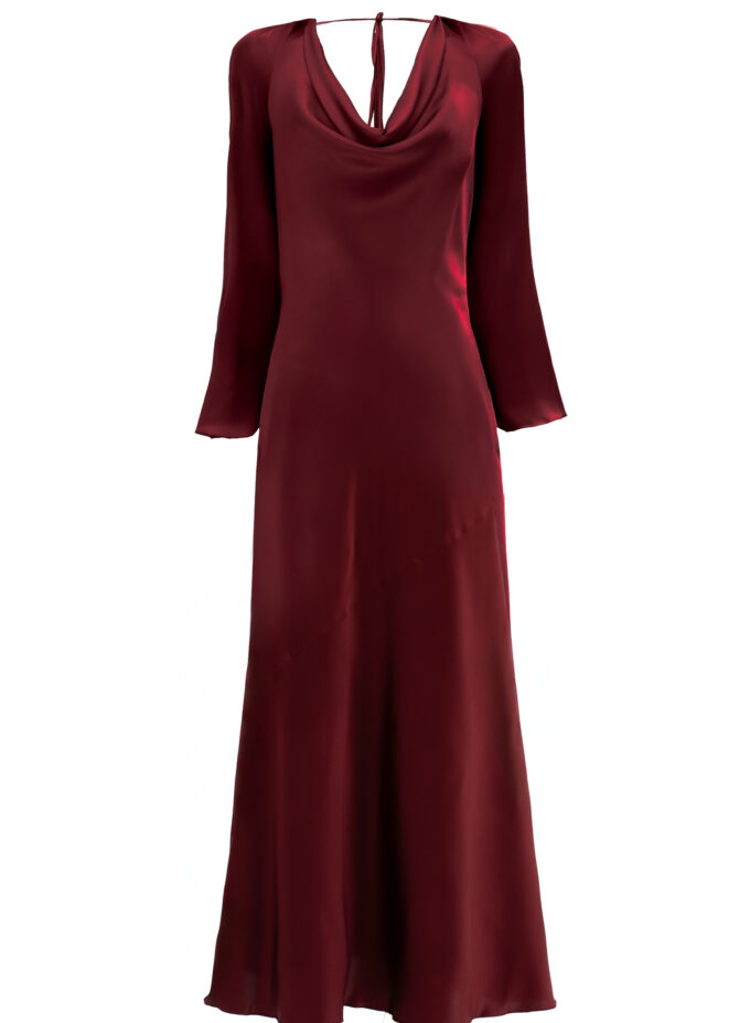 Silk Cowl Neck Long Dress In Maroon