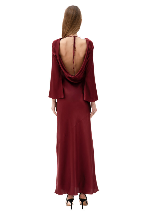 Silk Cowl Neck Long Dress In Maroon - Image 4