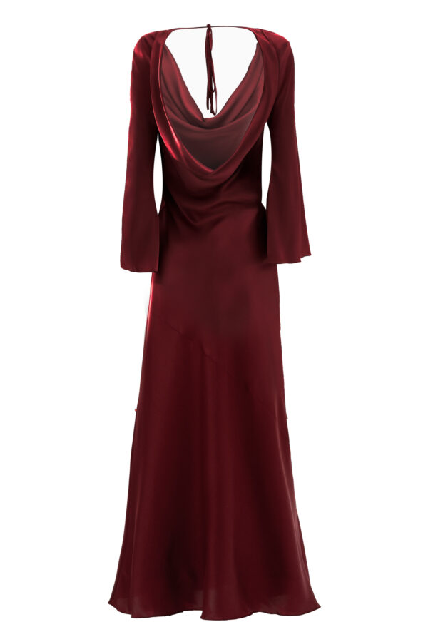 Silk Cowl Neck Long Dress In Maroon - Image 3