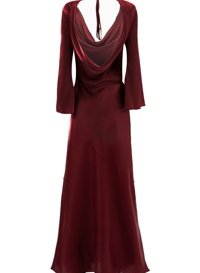 Silk Cowl Neck Long Dress In Maroon
