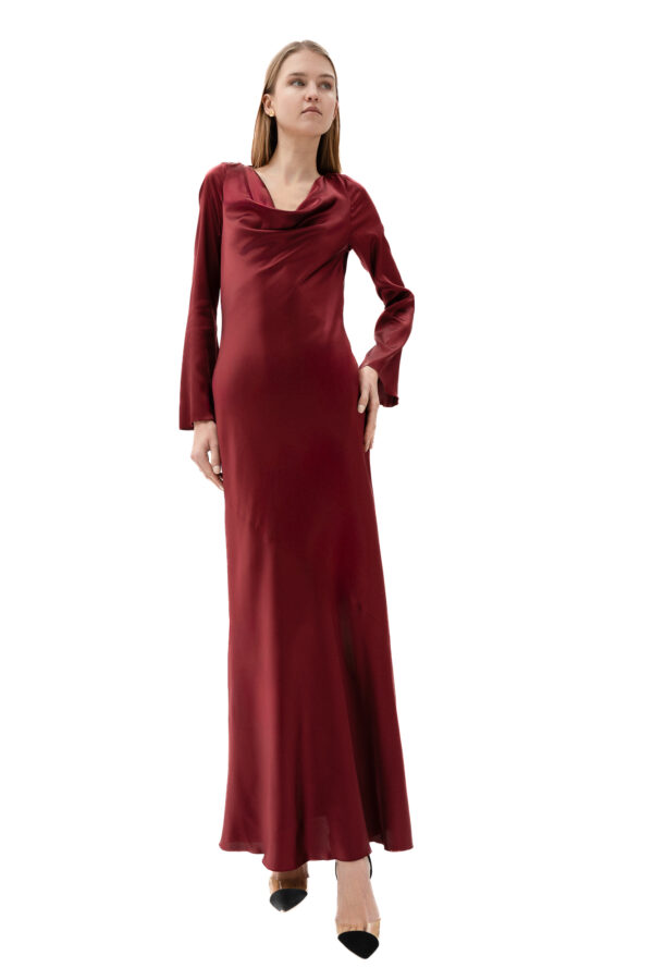 Silk Cowl Neck Long Dress In Maroon