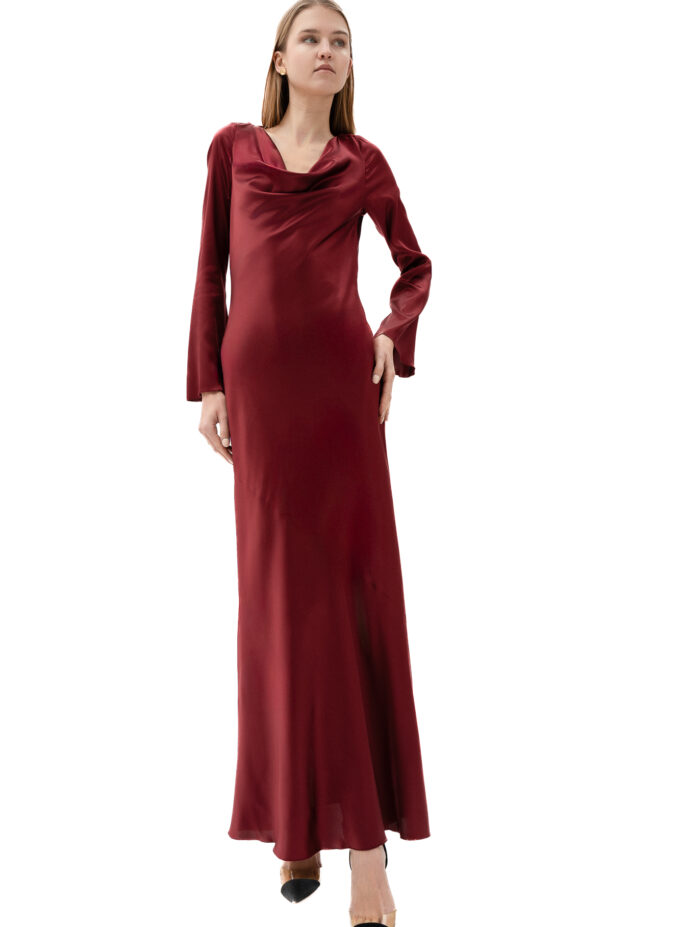 Silk Cowl Neck Long Dress In Maroon