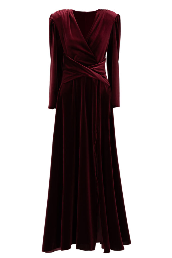 Velvet Cinched Waist Long Dress With Slit In Maroon - Image 3