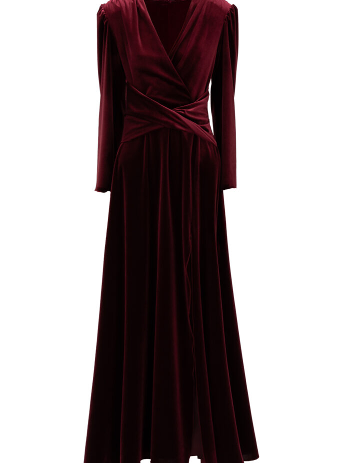 Velvet Cinched Waist Long Dress With Slit In Maroon