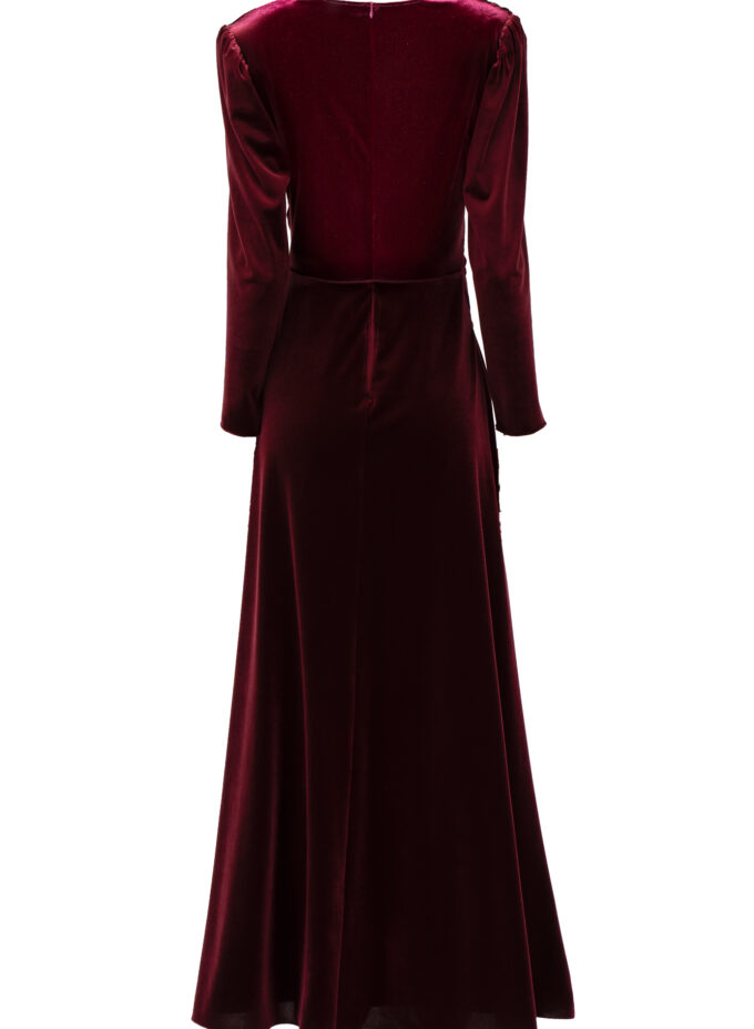 Velvet Cinched Waist Long Dress With Slit In Maroon
