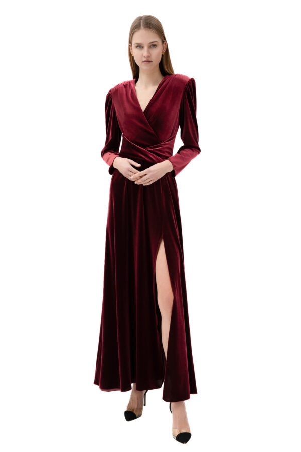 Velvet Cinched Waist Long Dress With Slit In Maroon
