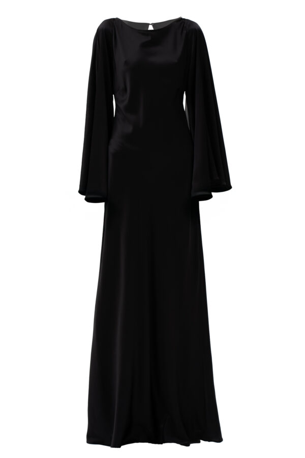 Silk Flowing Bell-Sleeve Long Dress In Black - Image 4