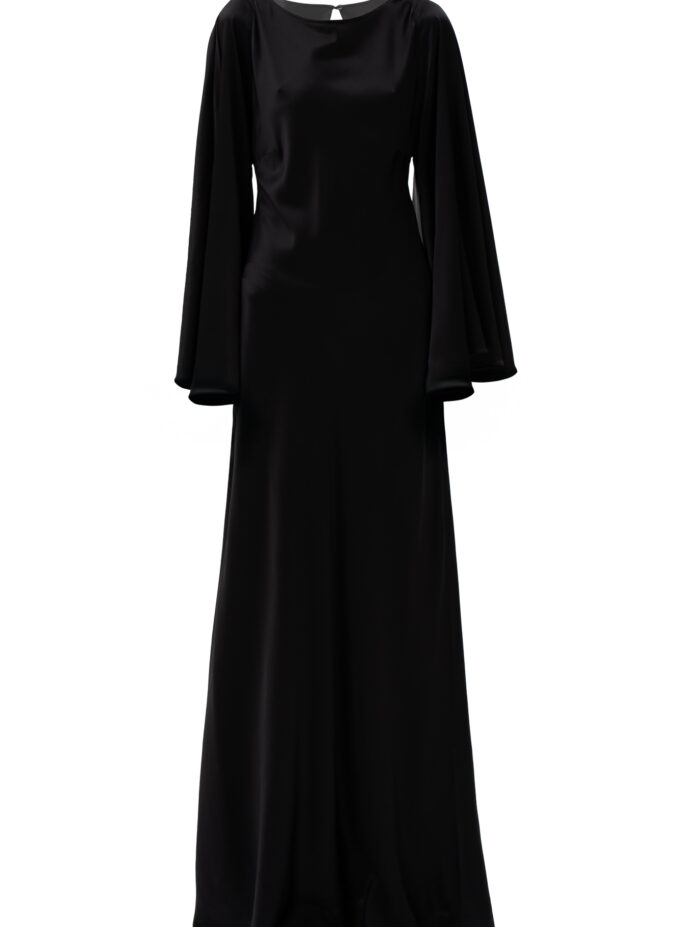 Silk Flowing Bell-Sleeve Long Dress In Black
