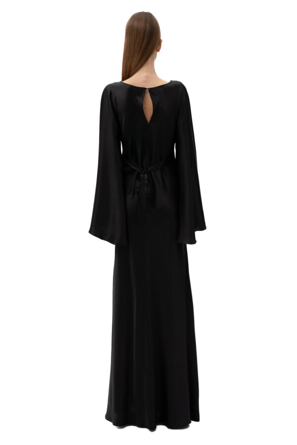 Silk Flowing Bell-Sleeve Long Dress In Black - Image 2