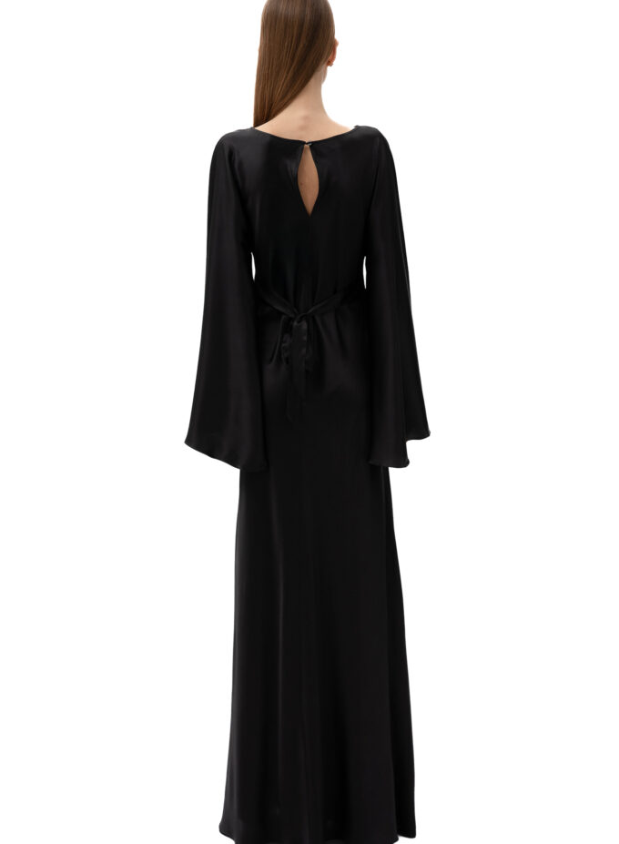 Silk Flowing Bell-Sleeve Long Dress In Black