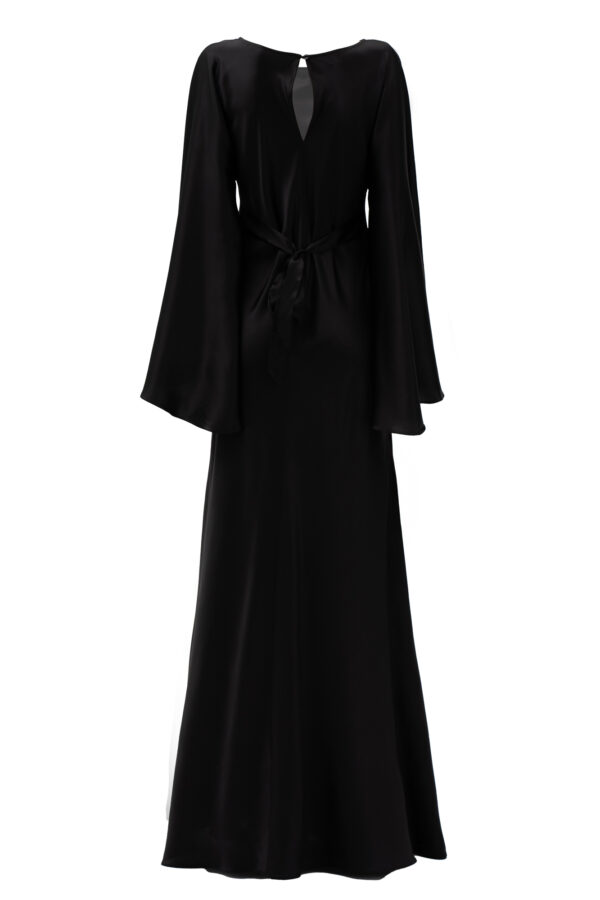 Silk Flowing Bell-Sleeve Long Dress In Black - Image 3