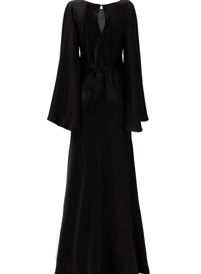 Silk Flowing Bell-Sleeve Long Dress In Black