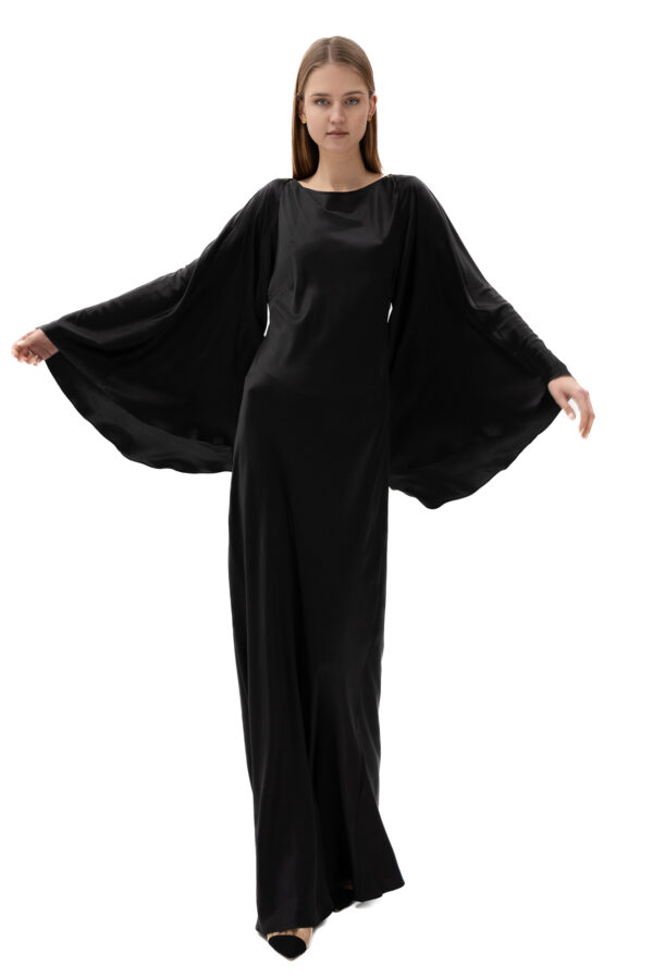 Silk Flowing Bell-Sleeve Long Dress In Black