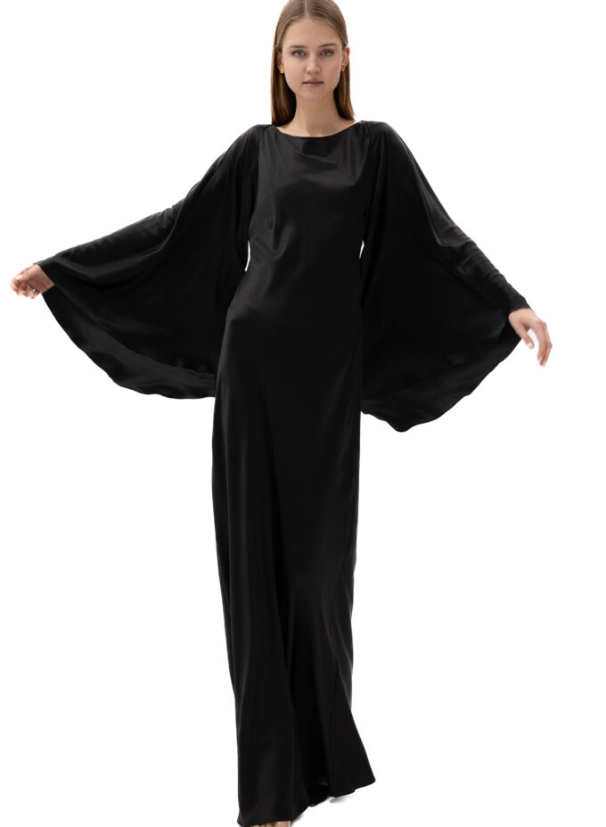 Silk Flowing Bell-Sleeve Long Dress In Black