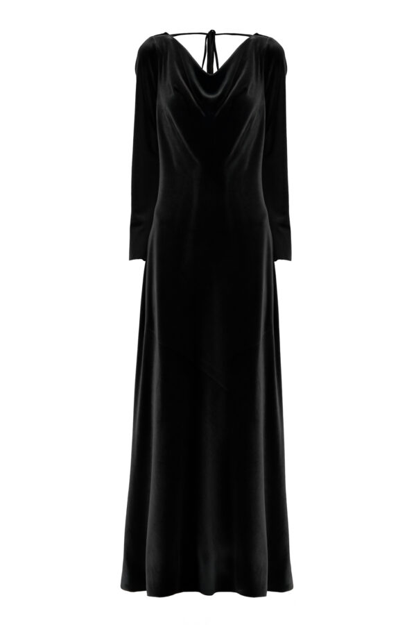 Velvet Cowl Neck Long Dress In Black - Image 4