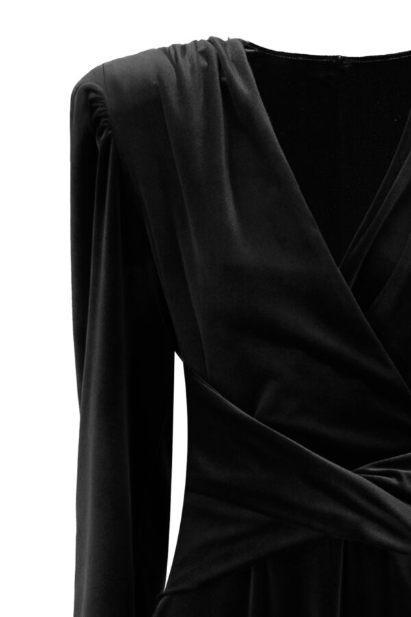Velvet Cinched Waist Long Dress With Slit In Black - Image 5