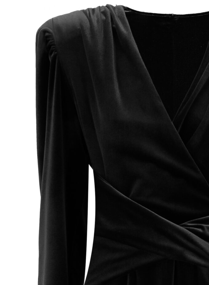 Velvet Cinched Waist Long Dress With Slit In Black