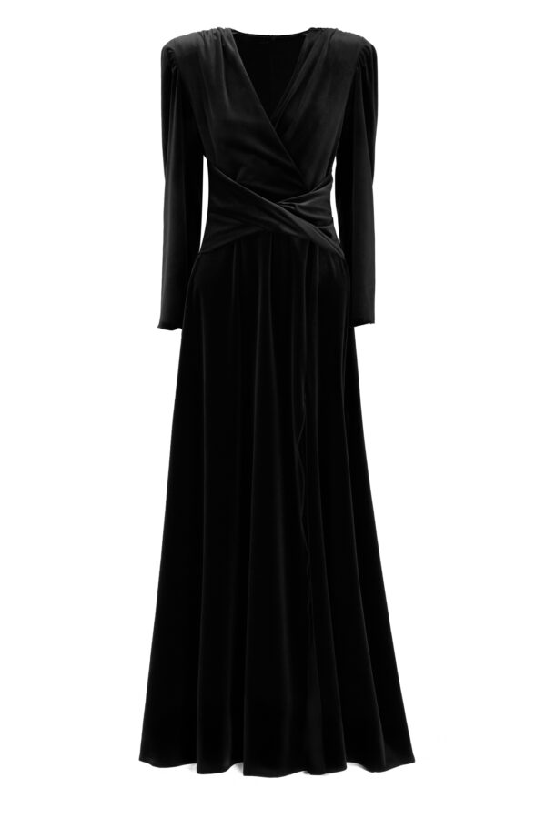Velvet Cinched Waist Long Dress With Slit In Black - Image 4