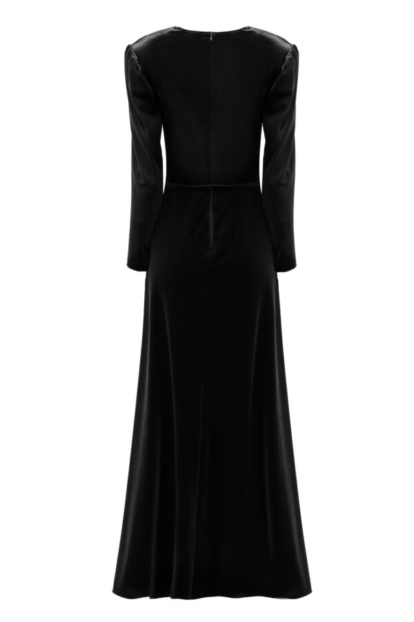Velvet Cinched Waist Long Dress With Slit In Black - Image 3