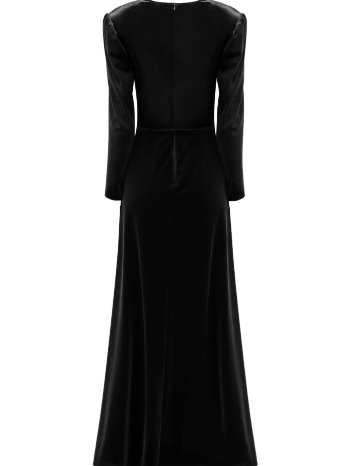 Velvet Cinched Waist Long Dress With Slit In Black