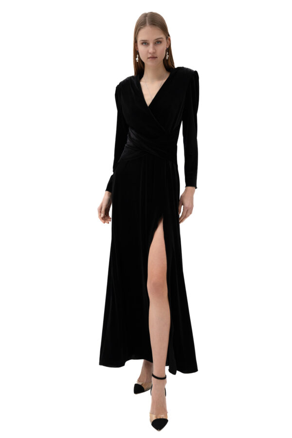 Velvet Cinched Waist Long Dress With Slit In Black
