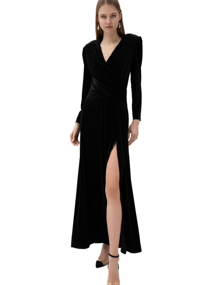 Velvet Cinched Waist Long Dress With Slit In Black