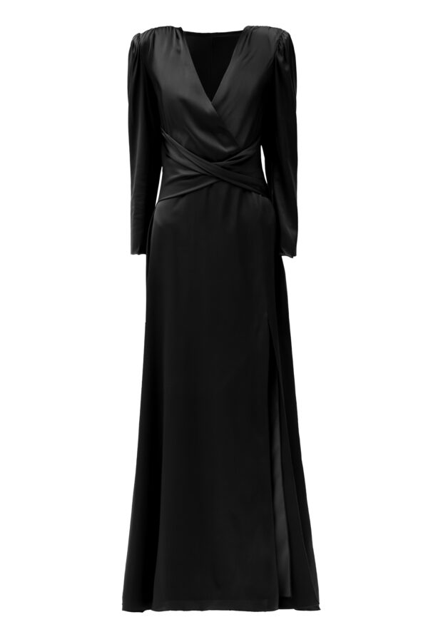 Silk Cinched Waist Long Dress In Black - Image 2