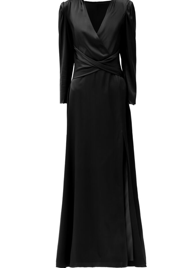 Silk Cinched Waist Long Dress In Black