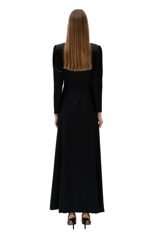 Velvet Cinched Waist Long Dress With Slit In Black - Image 2