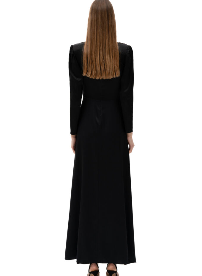 Velvet Cinched Waist Long Dress With Slit In Black