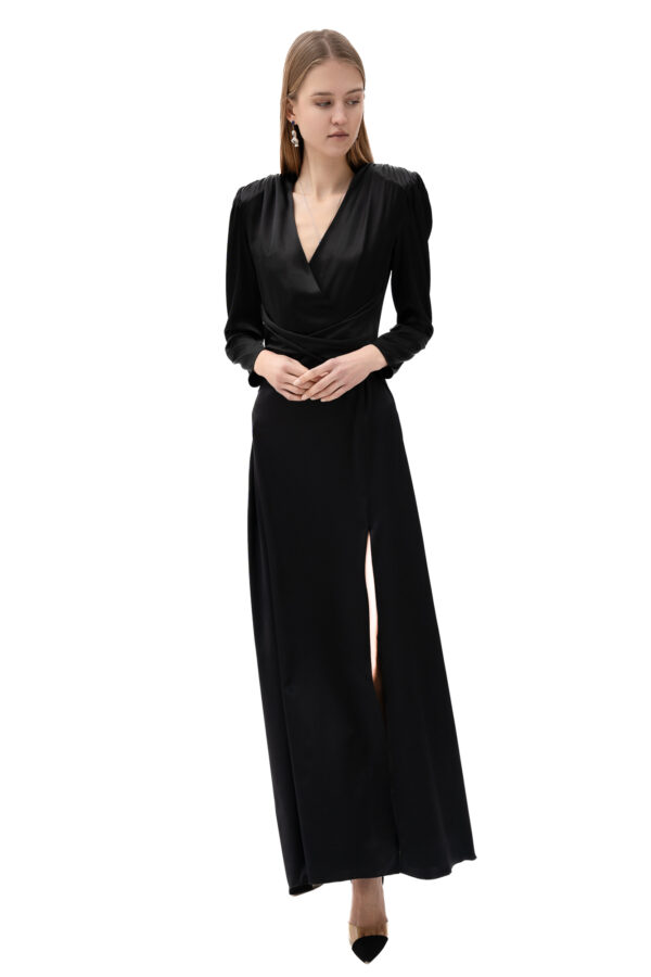 Silk Cinched Waist Long Dress In Black