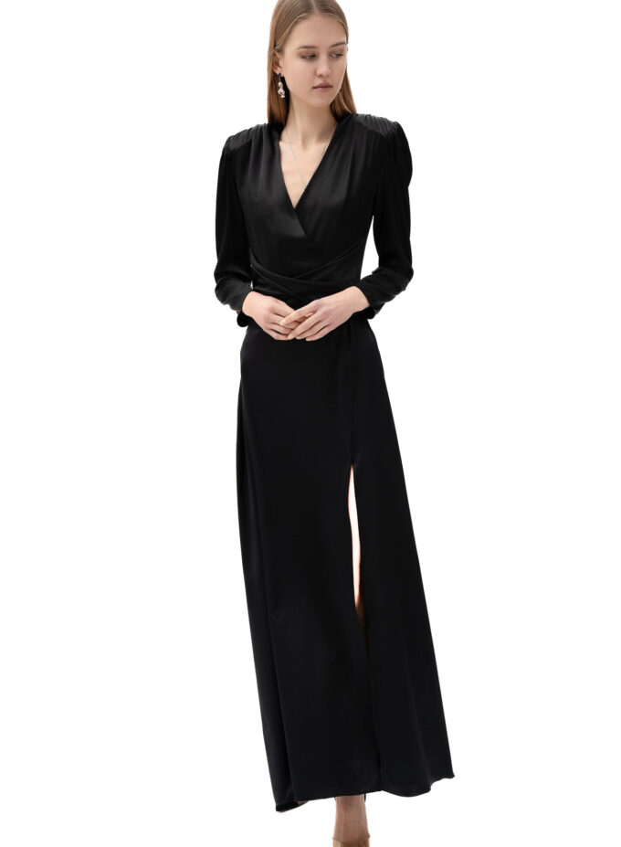Silk Cinched Waist Long Dress In Black