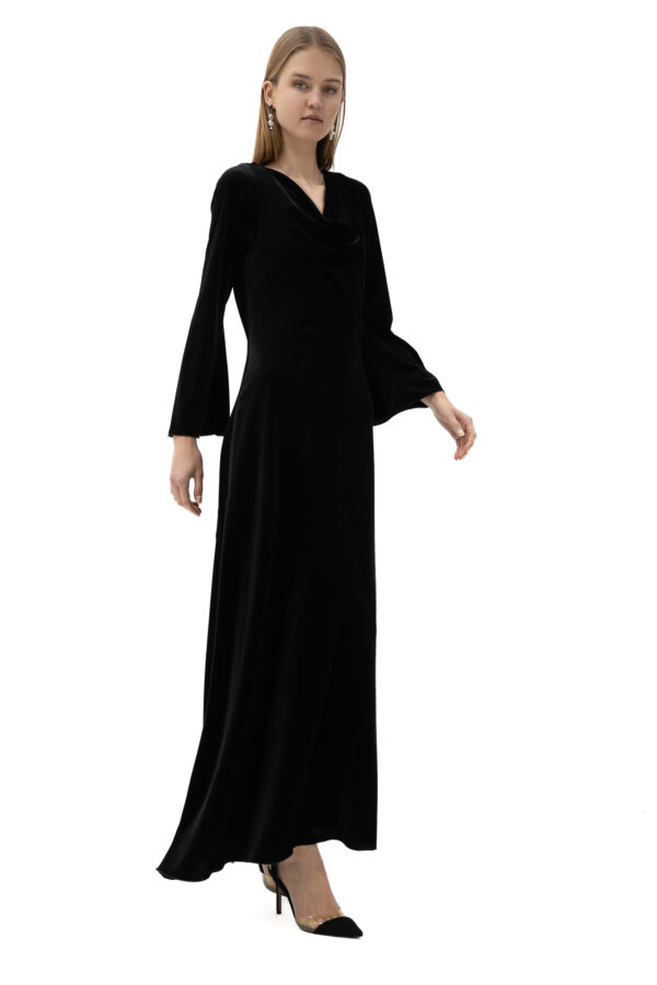 Velvet Cowl Neck Long Dress In Black