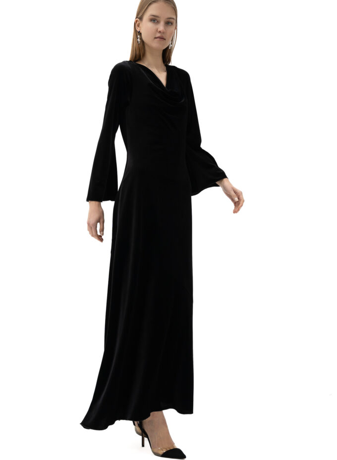 Velvet Cowl Neck Long Dress In Black