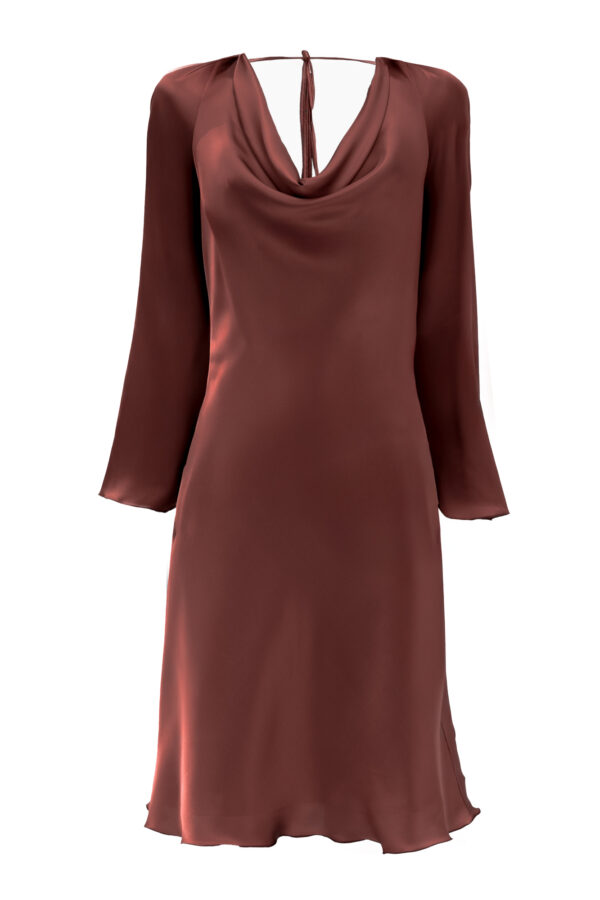Silk Cowl Neck Short Dress In Rose Brown - Image 5