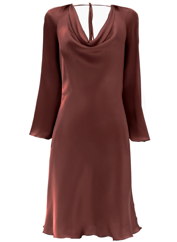 Silk Cowl Neck Short Dress In Rose Brown