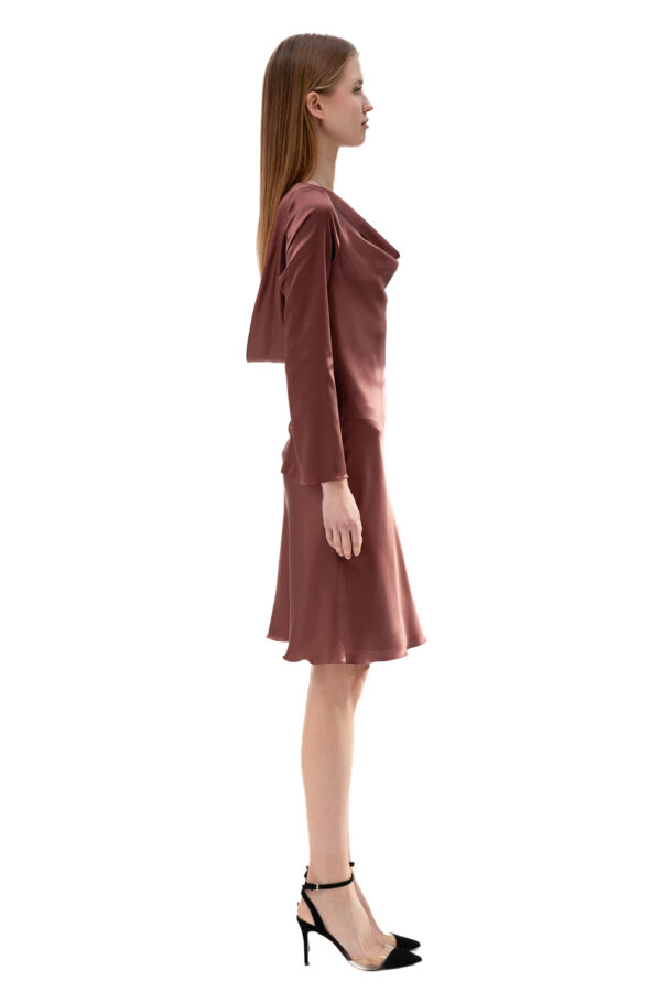 Silk Cowl Neck Short Dress In Rose Brown - Image 3