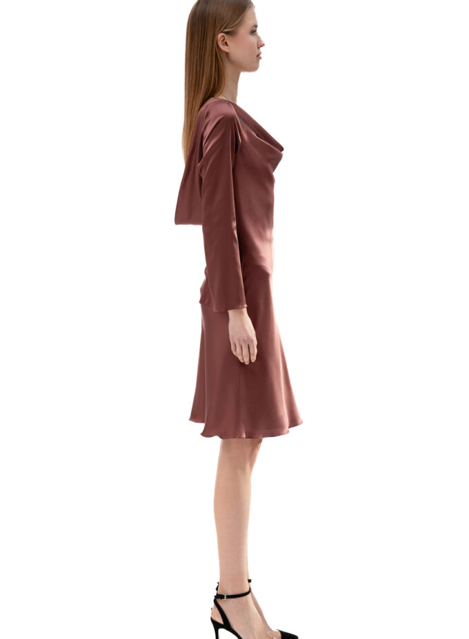 Silk Cowl Neck Short Dress In Rose Brown