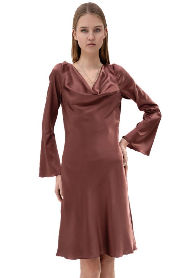Silk Cowl Neck Short Dress In Rose Brown