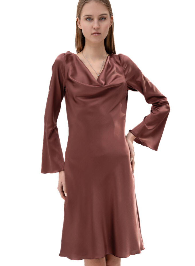 Silk Cowl Neck Short Dress In Rose Brown