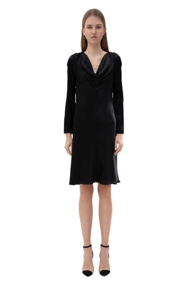 Silk Cowl Neck Short Dress In Black - Image 2