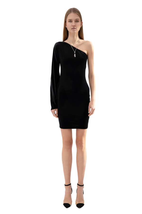 Velvet One-Shoulder Short Dress In Black - Image 2