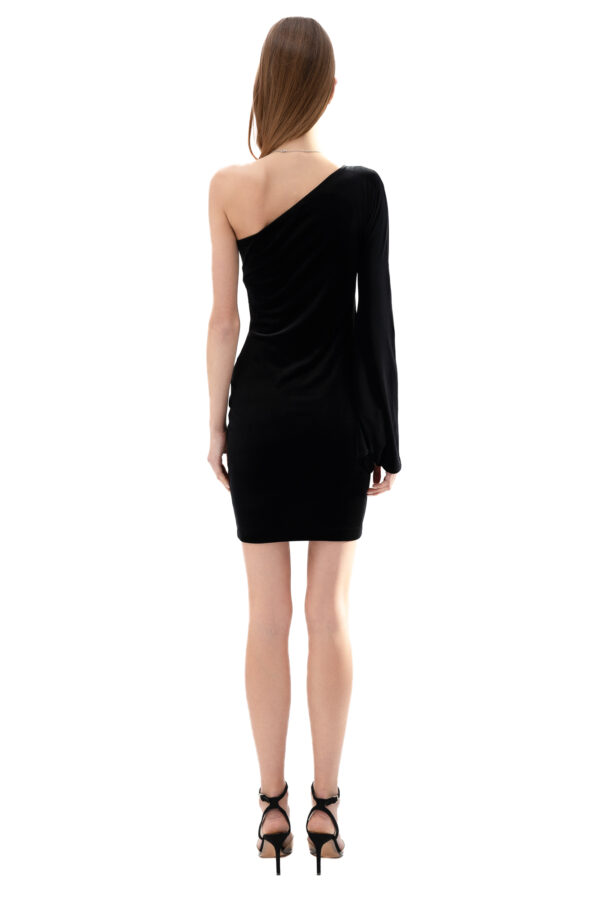 Velvet One-Shoulder Short Dress In Black - Image 3