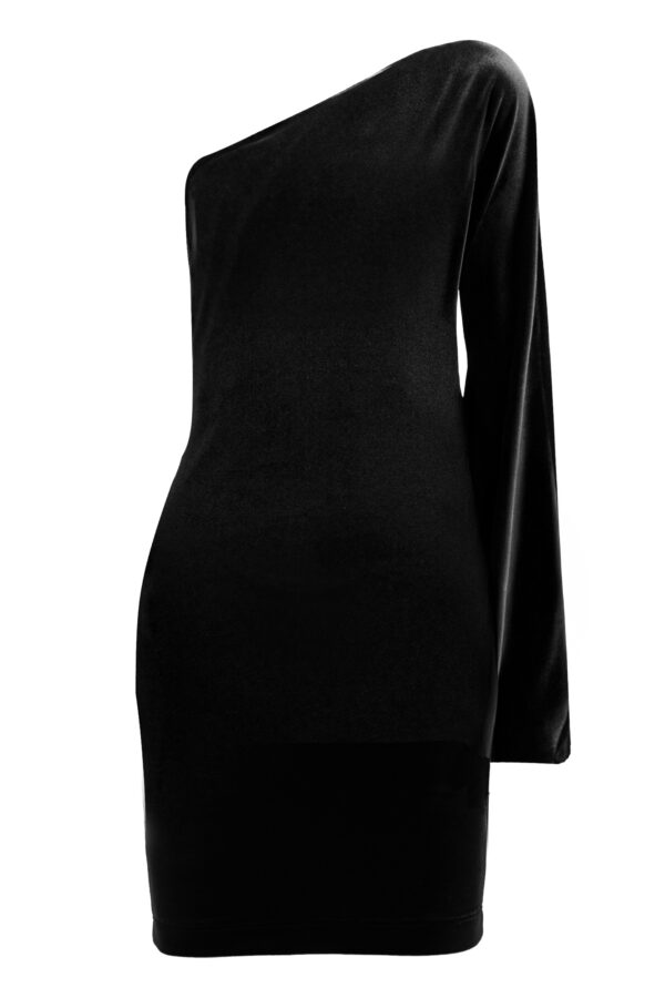 Velvet One-Shoulder Short Dress In Black - Image 9
