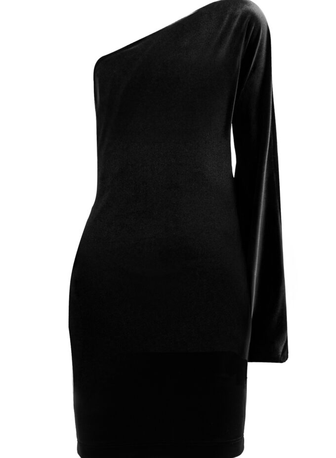 Velvet One-Shoulder Short Dress In Black