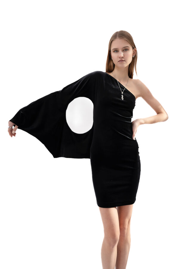 Velvet One-Shoulder Short Dress In Black - Image 5